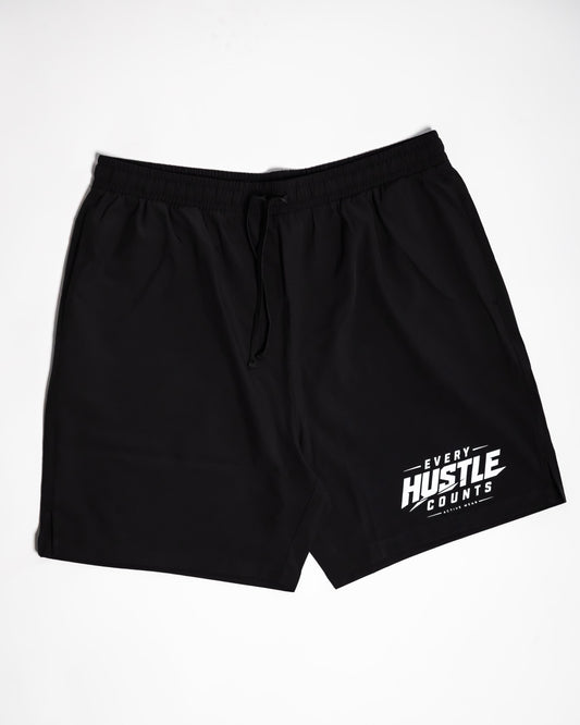 Every Hustle Counts EHC activewear shorts in black with white leg print