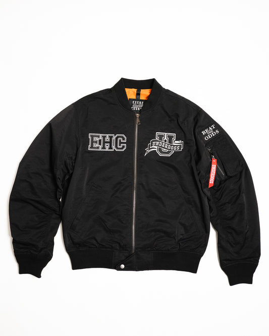 Every Hustle Counts EHC Underdogs black bomber jacket, front view with EHC chest patches