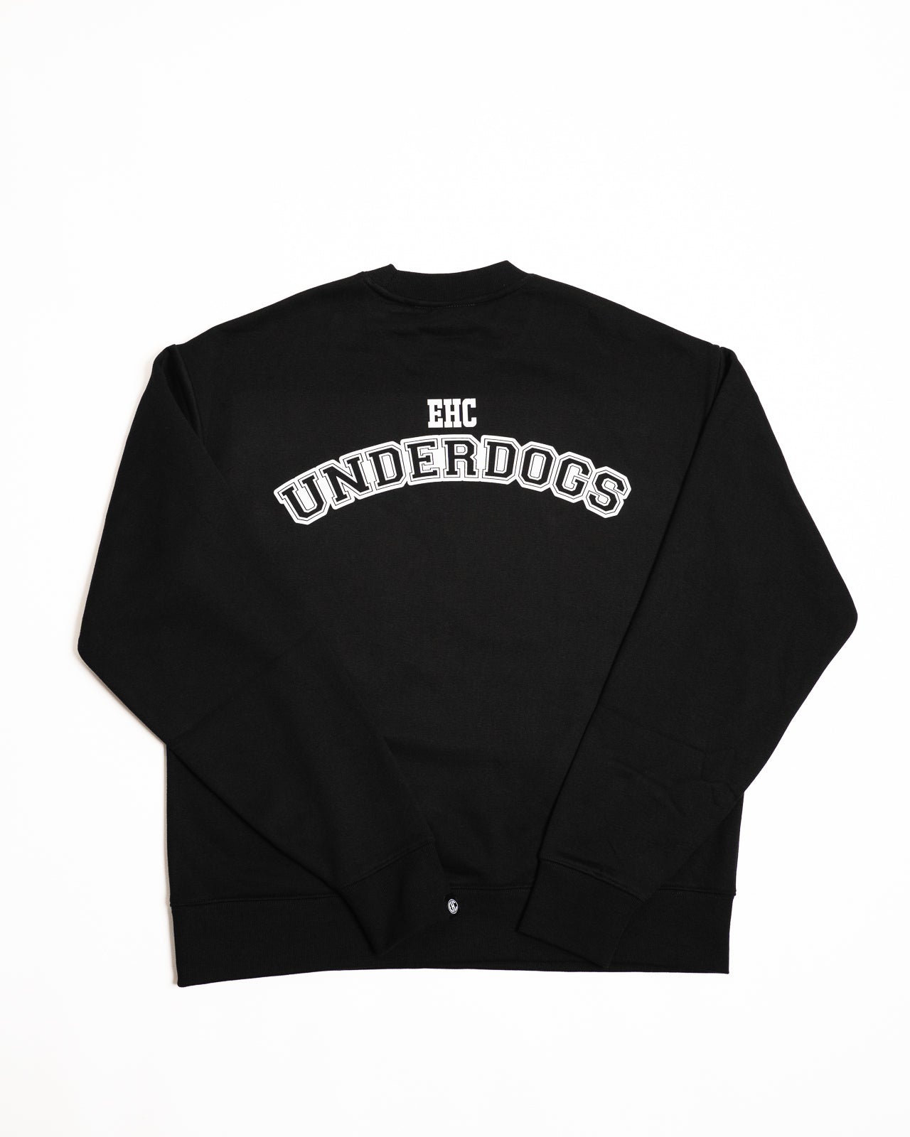Every Hustle Counts EHC Underdogs black heavy crew neck, back view with arched EHC Underdogs print