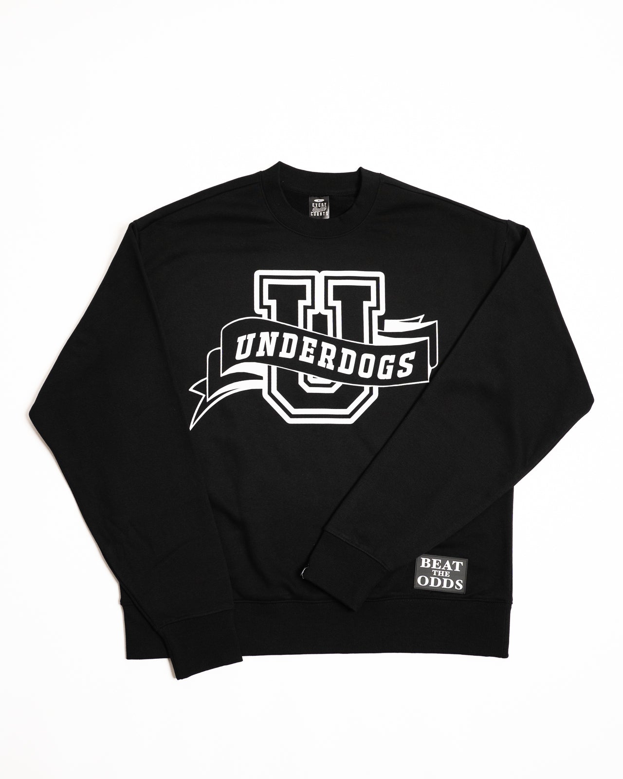 Every Hustle Counts EHC Underdogs black heavy crew neck, front view with Underdogs varsity U logo