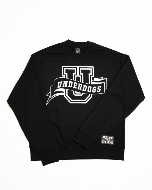 Every Hustle Counts EHC Underdogs black heavy crew neck, front view with Underdogs varsity U logo