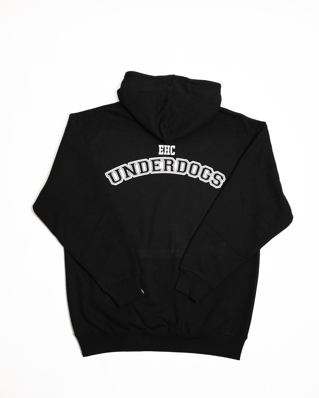 Every Hustle Counts EHC Underdogs black hoodie, back view with arched EHC Underdogs print