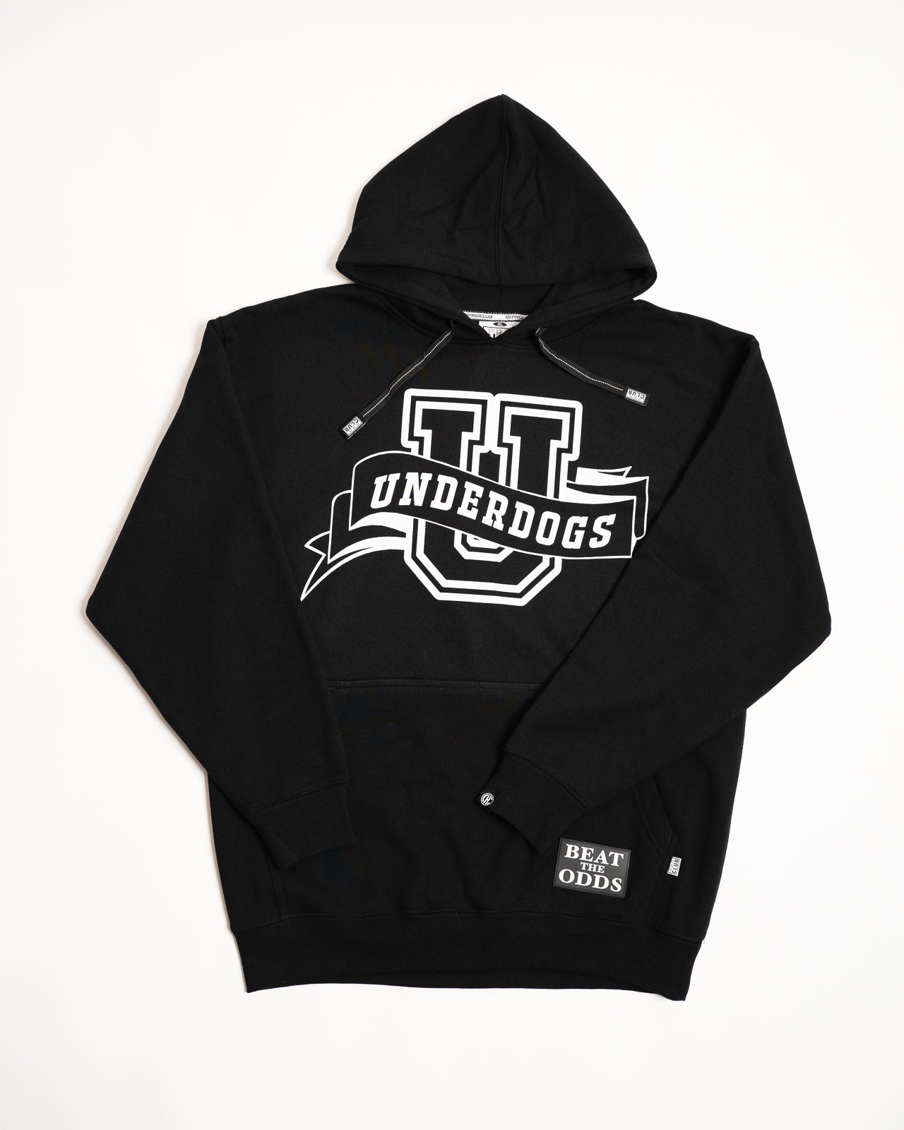 Every Hustle Counts EHC Underdogs black hoodie, front view with Underdogs varsity U logo