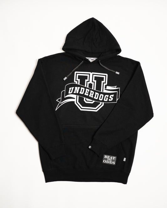 Every Hustle Counts EHC Underdogs black hoodie, front view with Underdogs varsity U logo