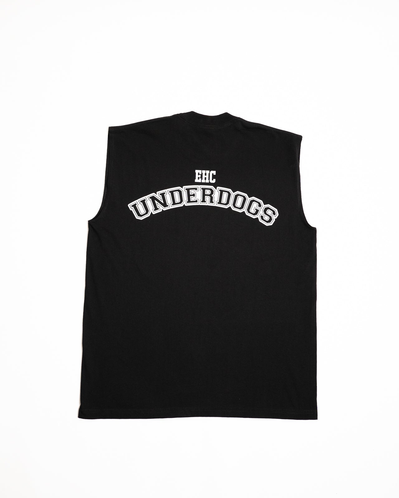 Every Hustle Counts EHC Underdogs black muscle tee, back view with arched EHC Underdogs print