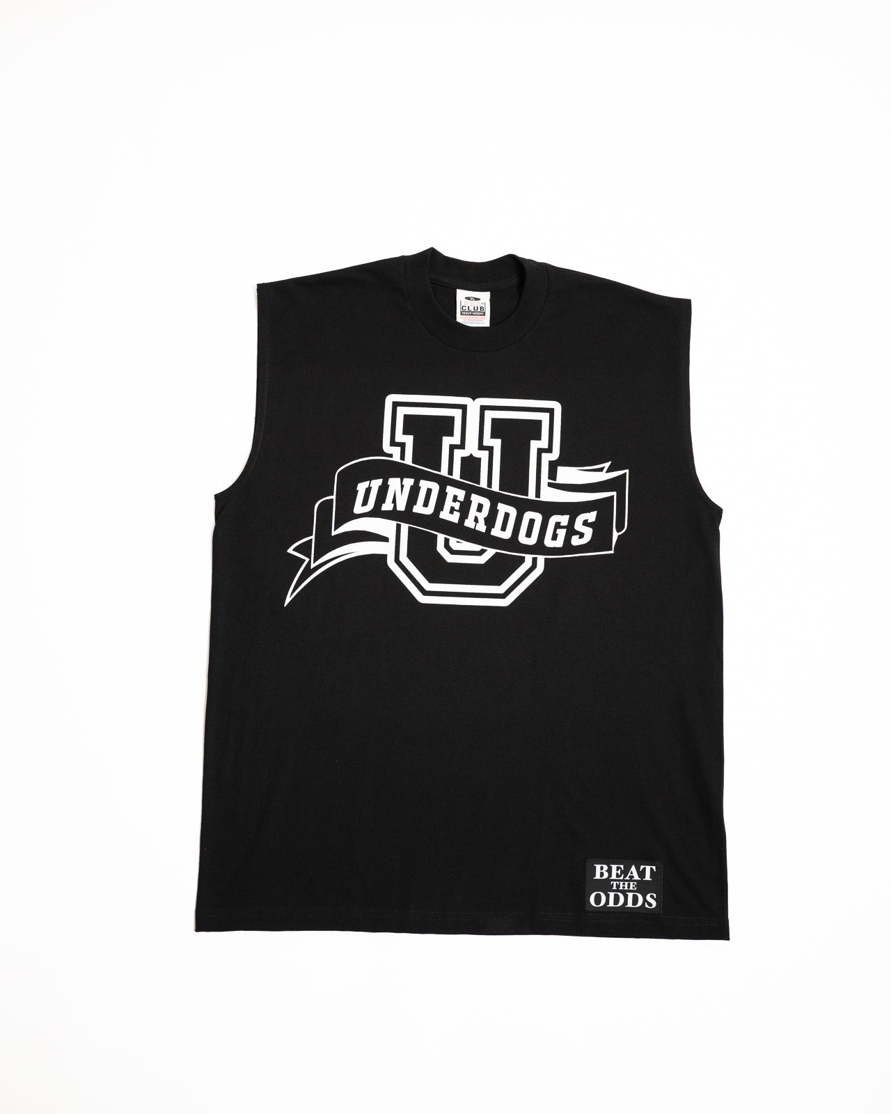 Every Hustle Counts EHC Underdogs black muscle tee, front view with Underdogs varsity U logo