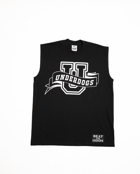 Every Hustle Counts EHC Underdogs black muscle tee, front view with Underdogs varsity U logo