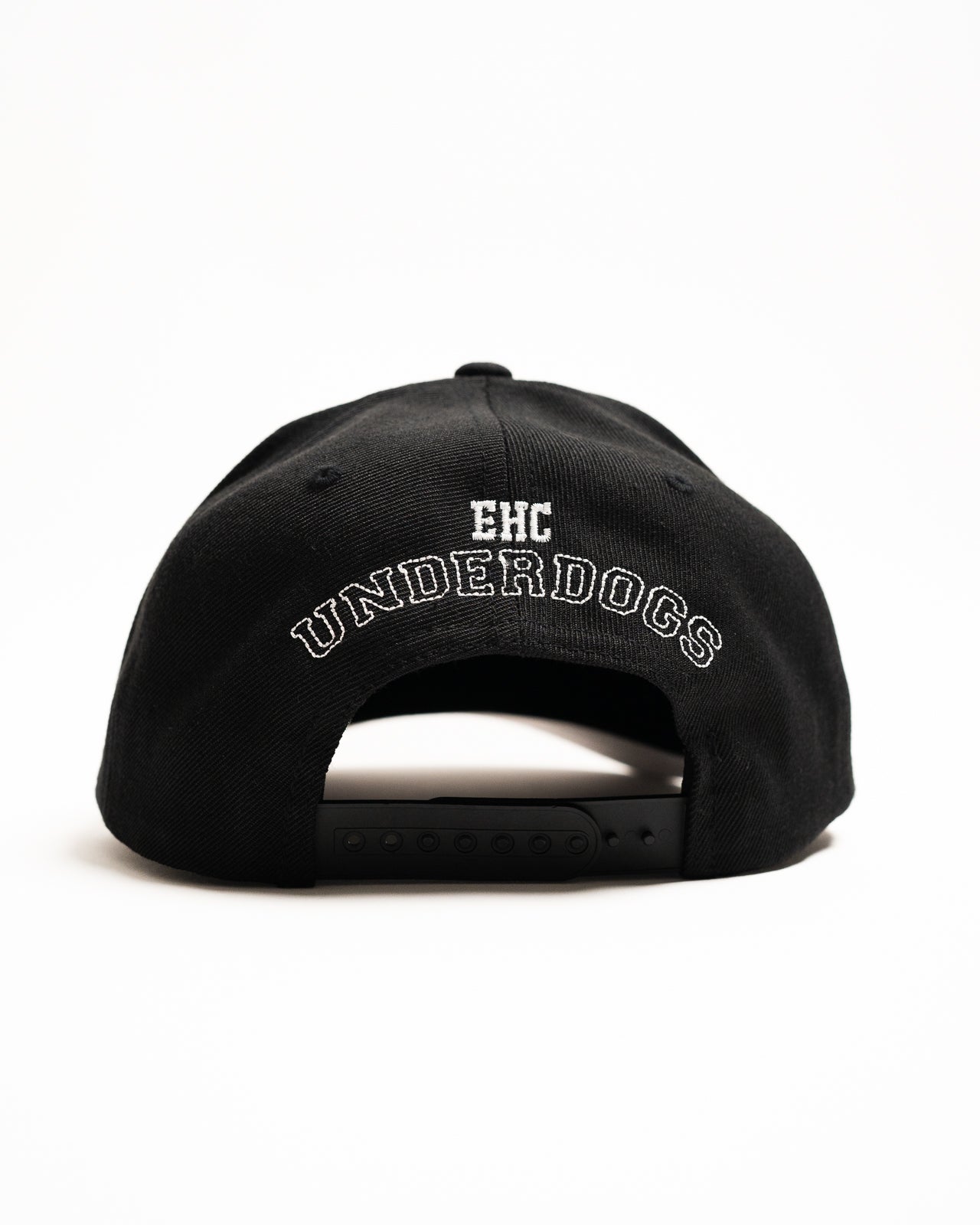 Every Hustle Counts EHC Underdogs black snapback cap, back view with EHC Underdogs embroidery