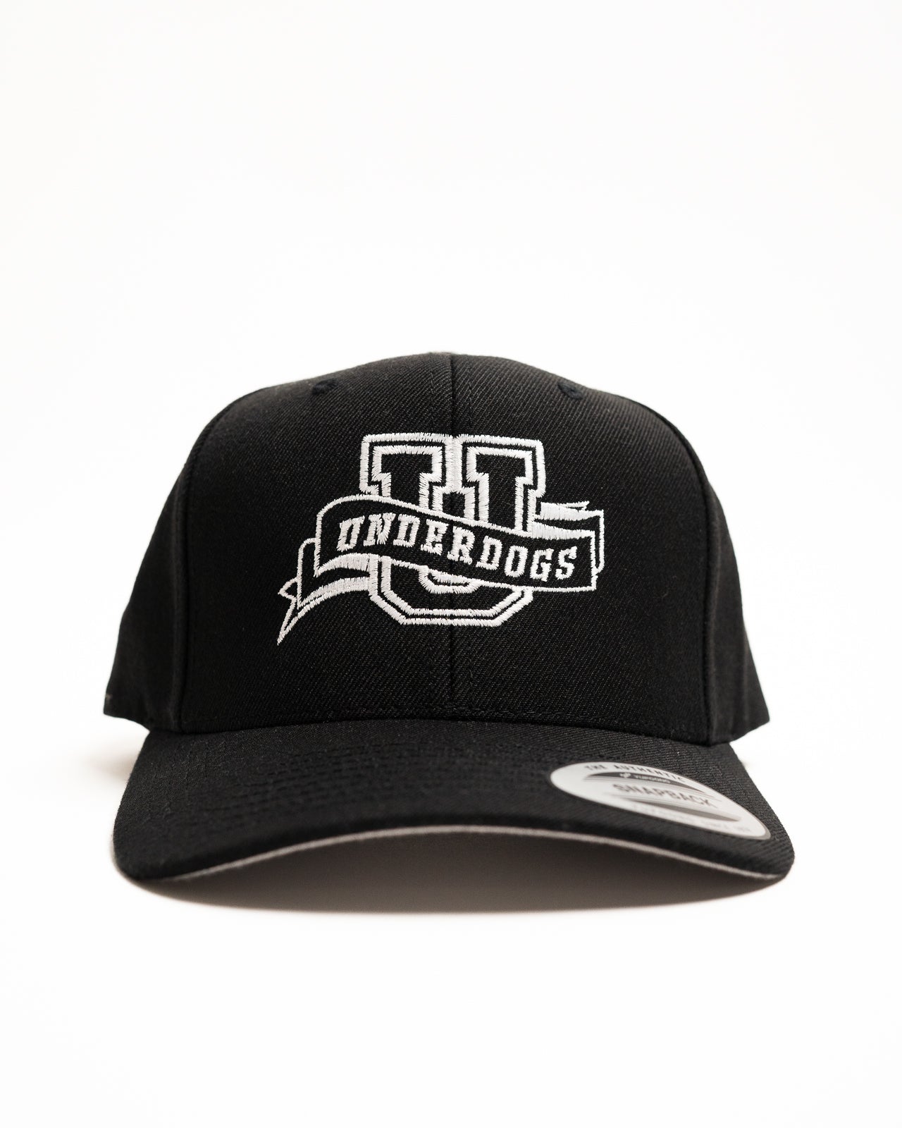 Every Hustle Counts EHC Underdogs black snapback cap, front view with embroidered Underdogs U logo