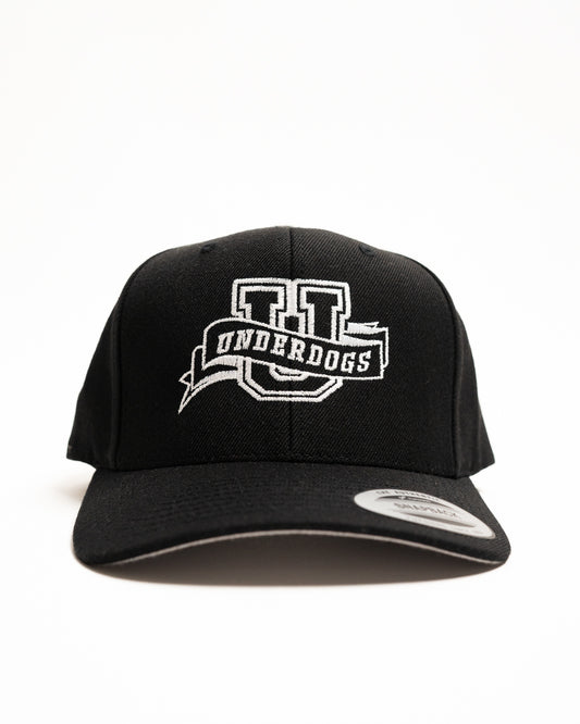 Every Hustle Counts EHC Underdogs black snapback cap, front view with embroidered Underdogs U logo