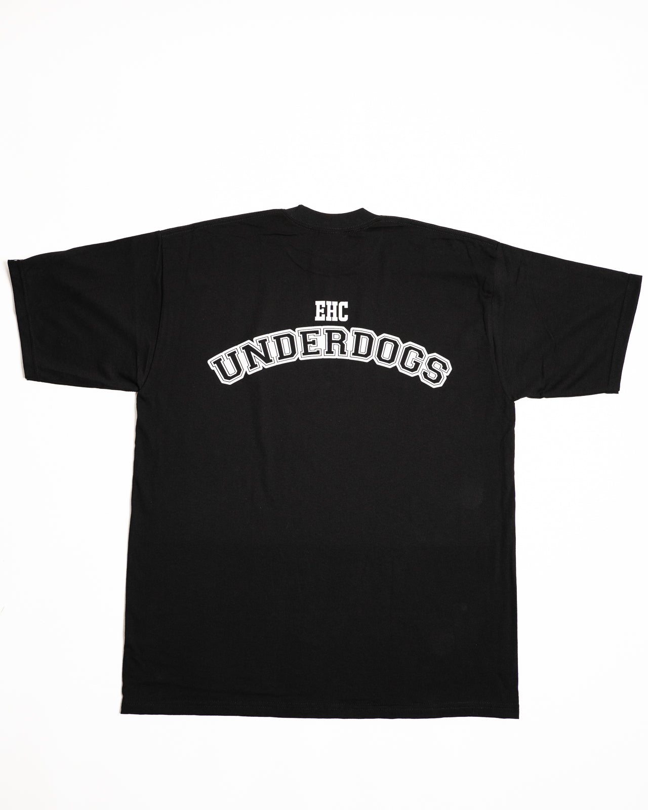 Every Hustle Counts EHC Underdogs black t-shirt, back view with arched EHC Underdogs print