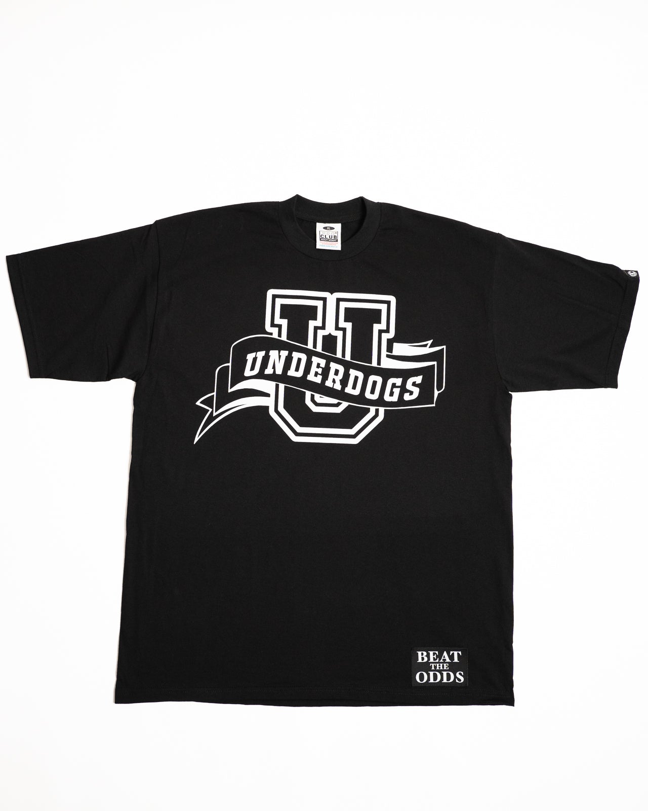 Every Hustle Counts EHC Underdogs black t-shirt, front view with Underdogs varsity U logo
