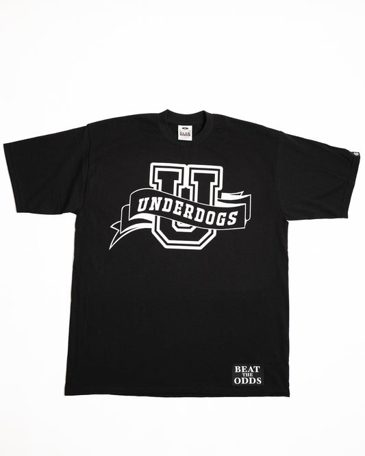 Every Hustle Counts EHC Underdogs black t-shirt, front view with Underdogs varsity U logo