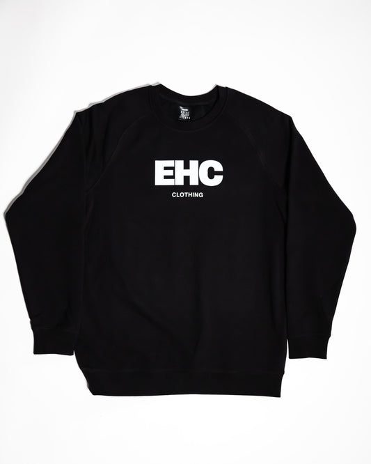 Every Hustle Counts EHC World black crew neck sweatshirt, front view with EHC Clothing chest print