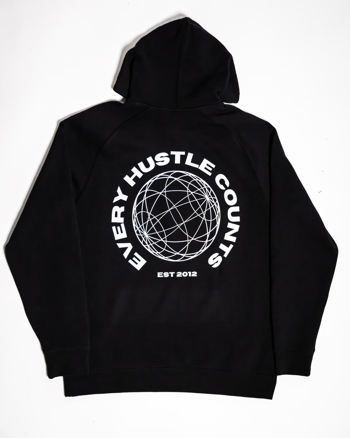 Every Hustle Counts EHC World black hoodie, back view with globe print