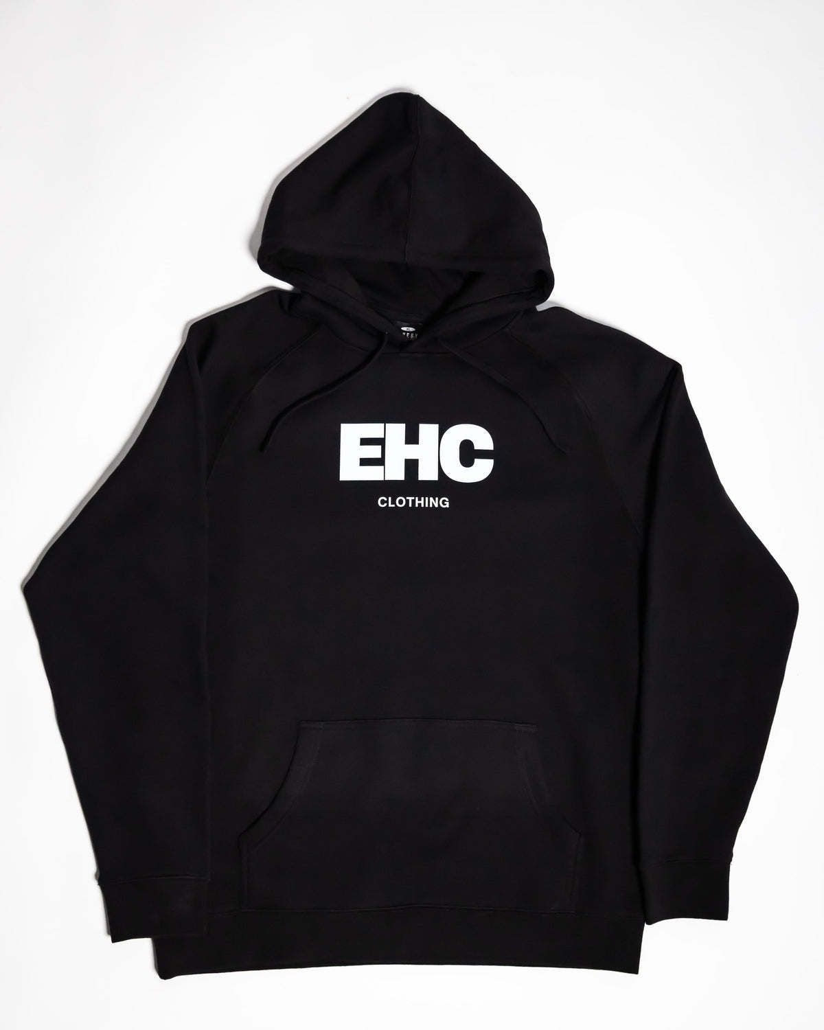 Every Hustle Counts EHC World black hoodie, front view with EHC Clothing chest print