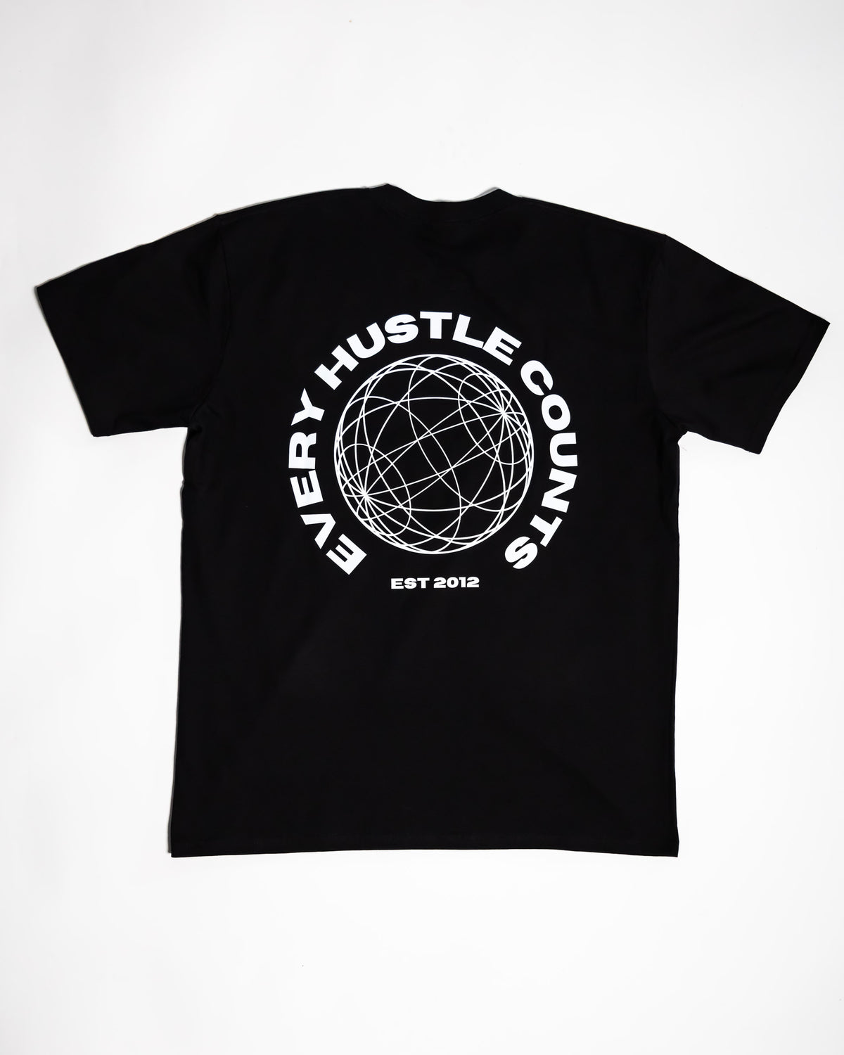 Every Hustle Counts EHC World black t-shirt, back view with globe print