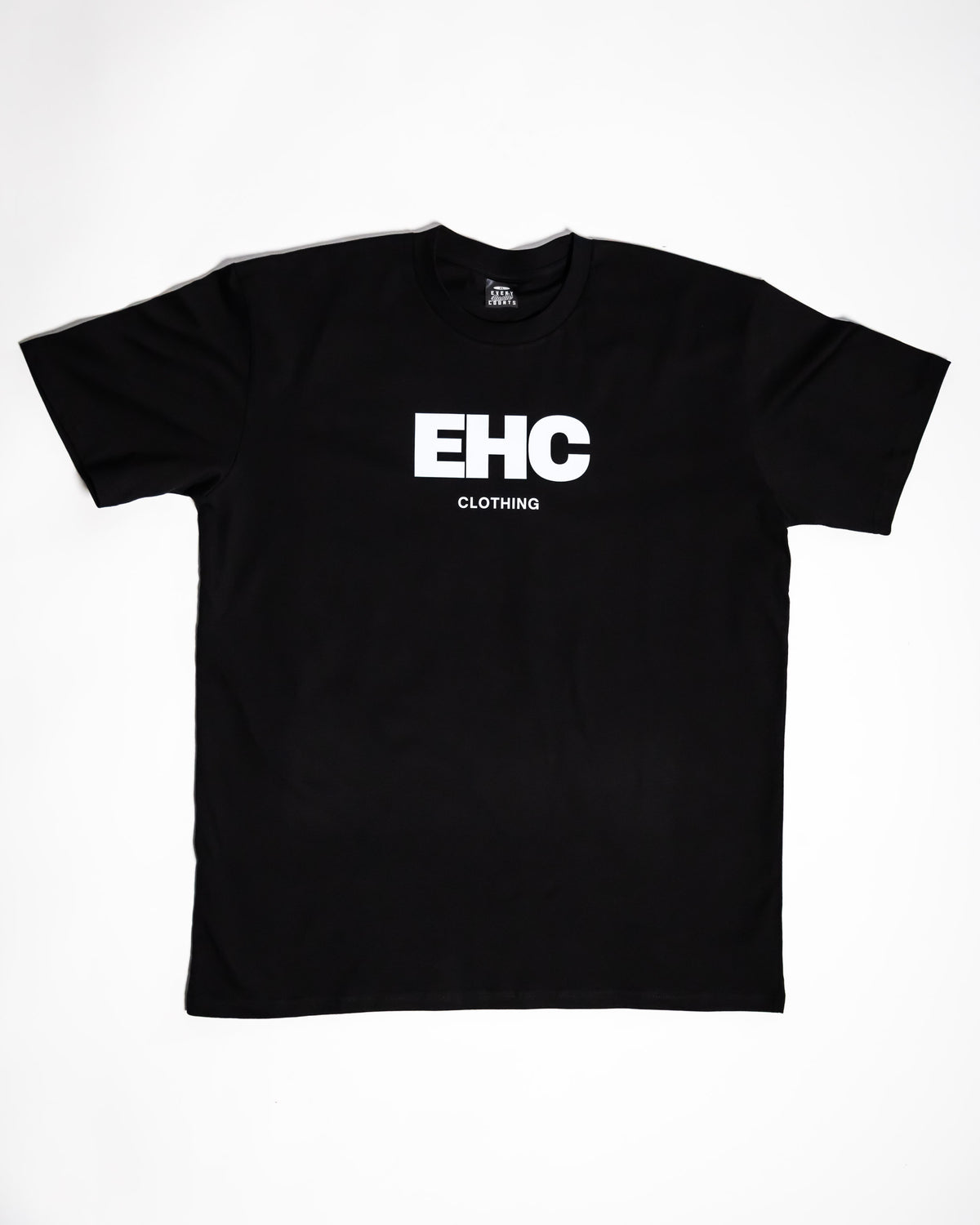 Every Hustle Counts EHC World black t-shirt, front view with EHC Clothing chest print