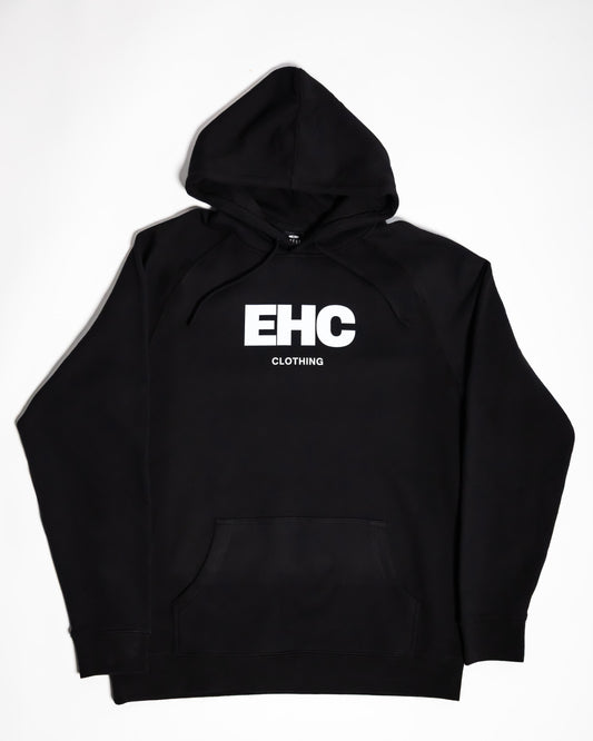 Every Hustle Counts EHC World black womens hoodie, front view with EHC Clothing chest print