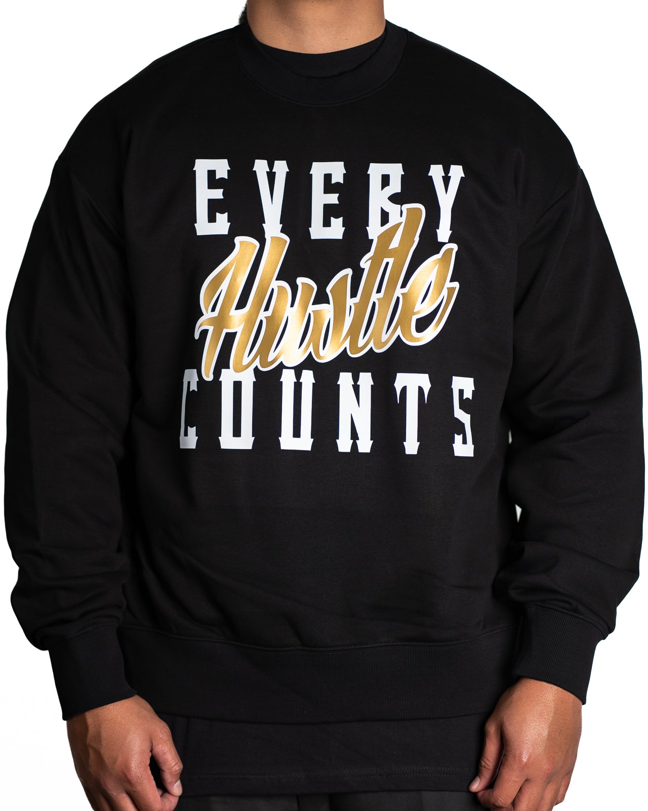 Every Hustle Counts Original EHC black crew neck, gold colourway chest print