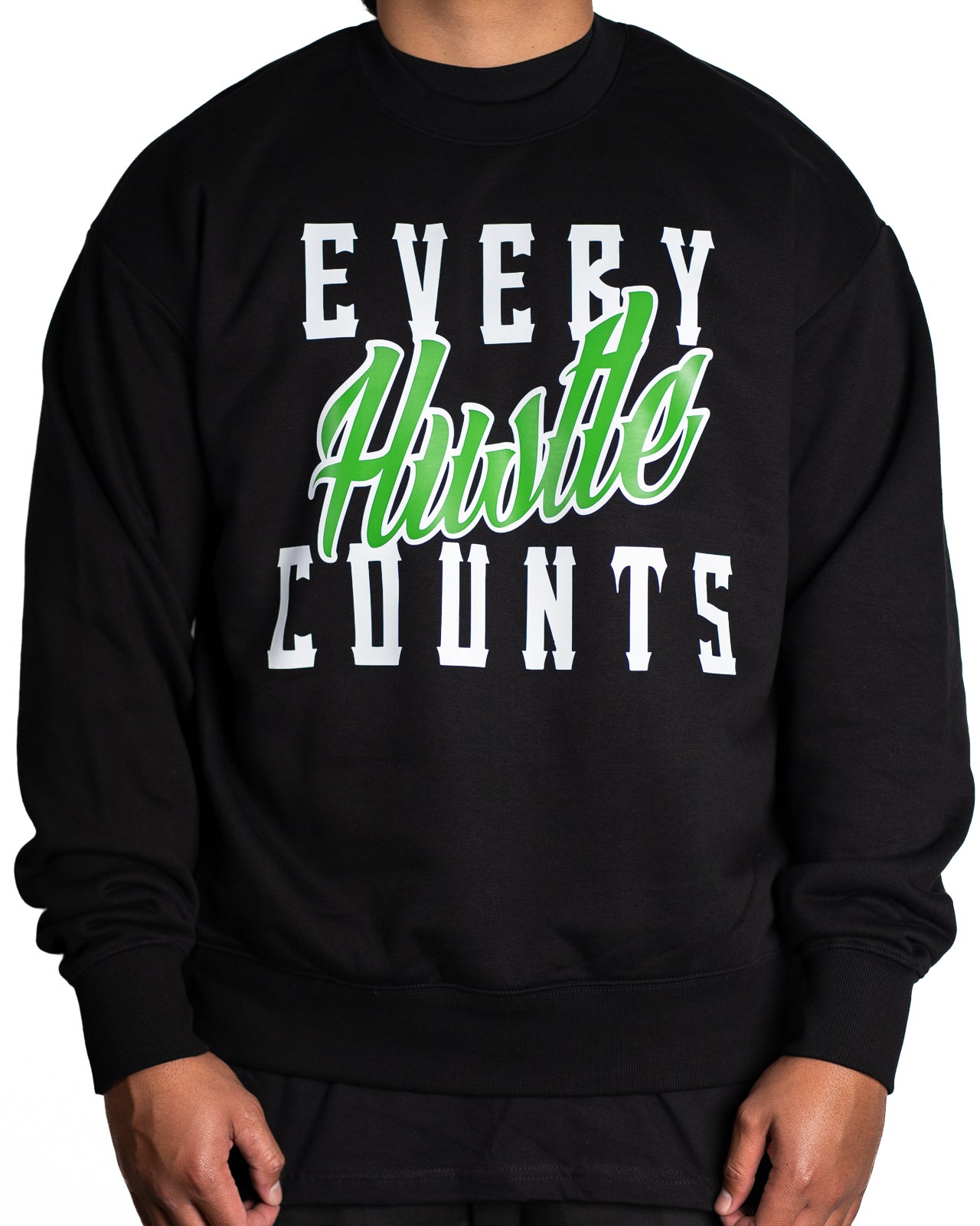 Every Hustle Counts Original EHC black crew neck, green colourway chest print