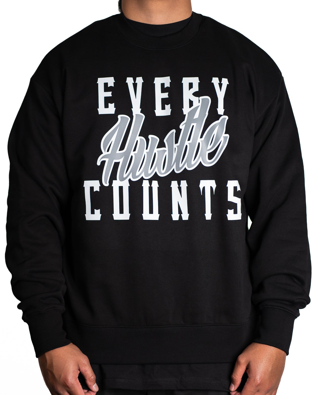 Every Hustle Counts Original EHC black crew neck, grey colourway chest print