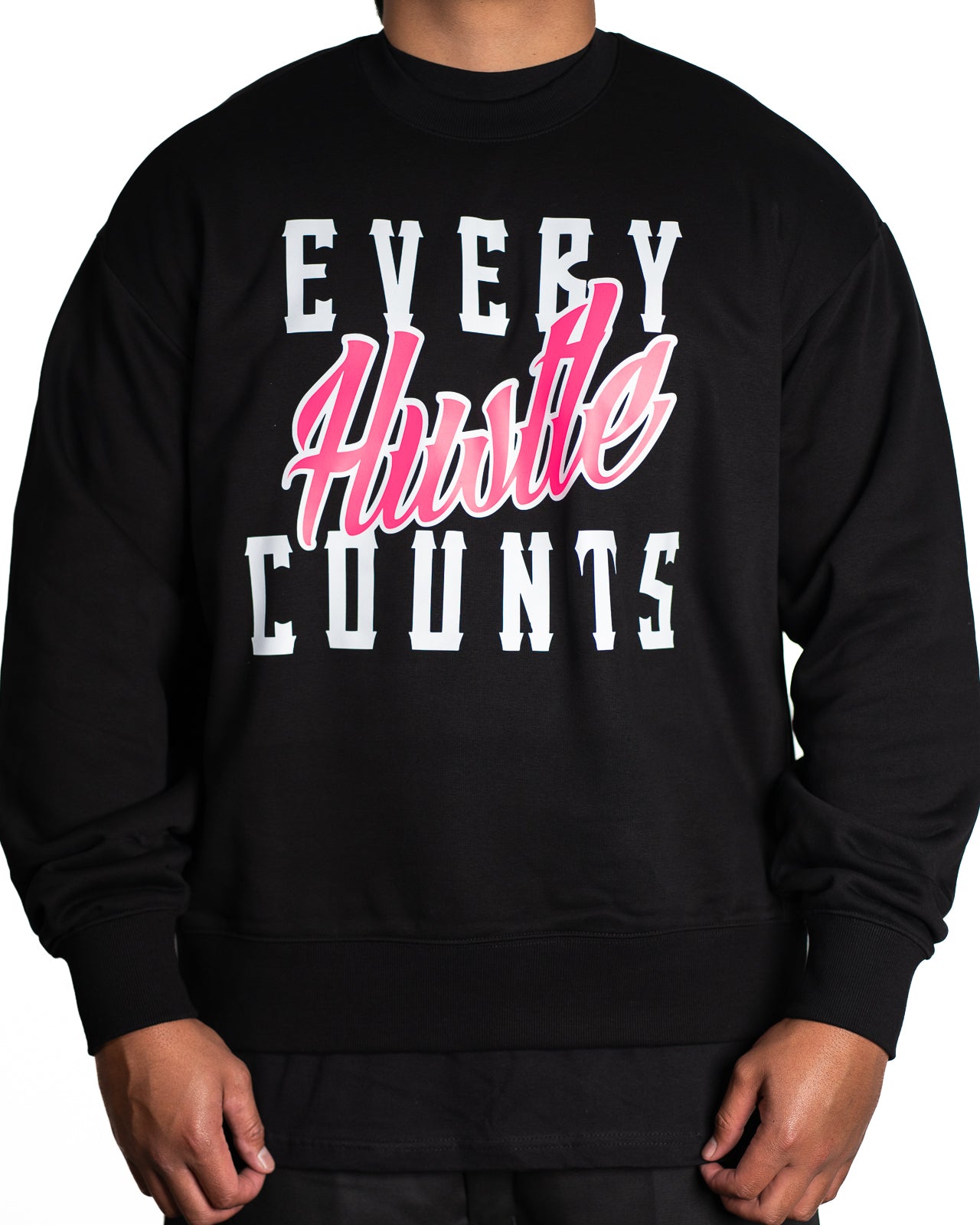Every Hustle Counts Original EHC black crew neck, hot pink colourway chest print