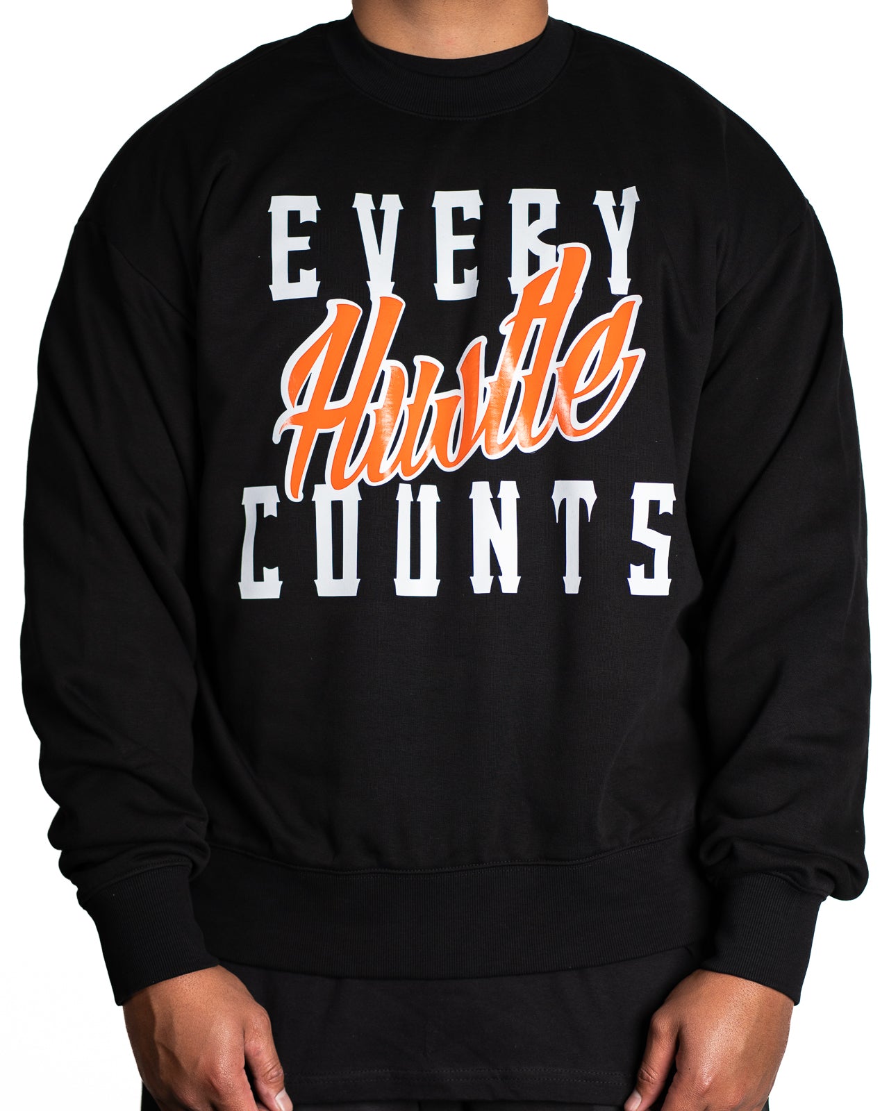 Every Hustle Counts Original EHC black crew neck, orange colourway chest print