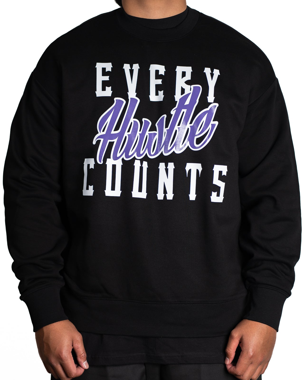 Every Hustle Counts Original EHC black crew neck, purple colourway chest print