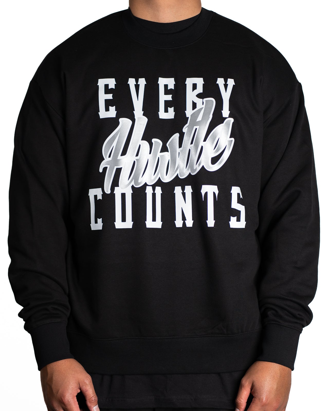 Every Hustle Counts Original EHC black crew neck, silver colourway chest print