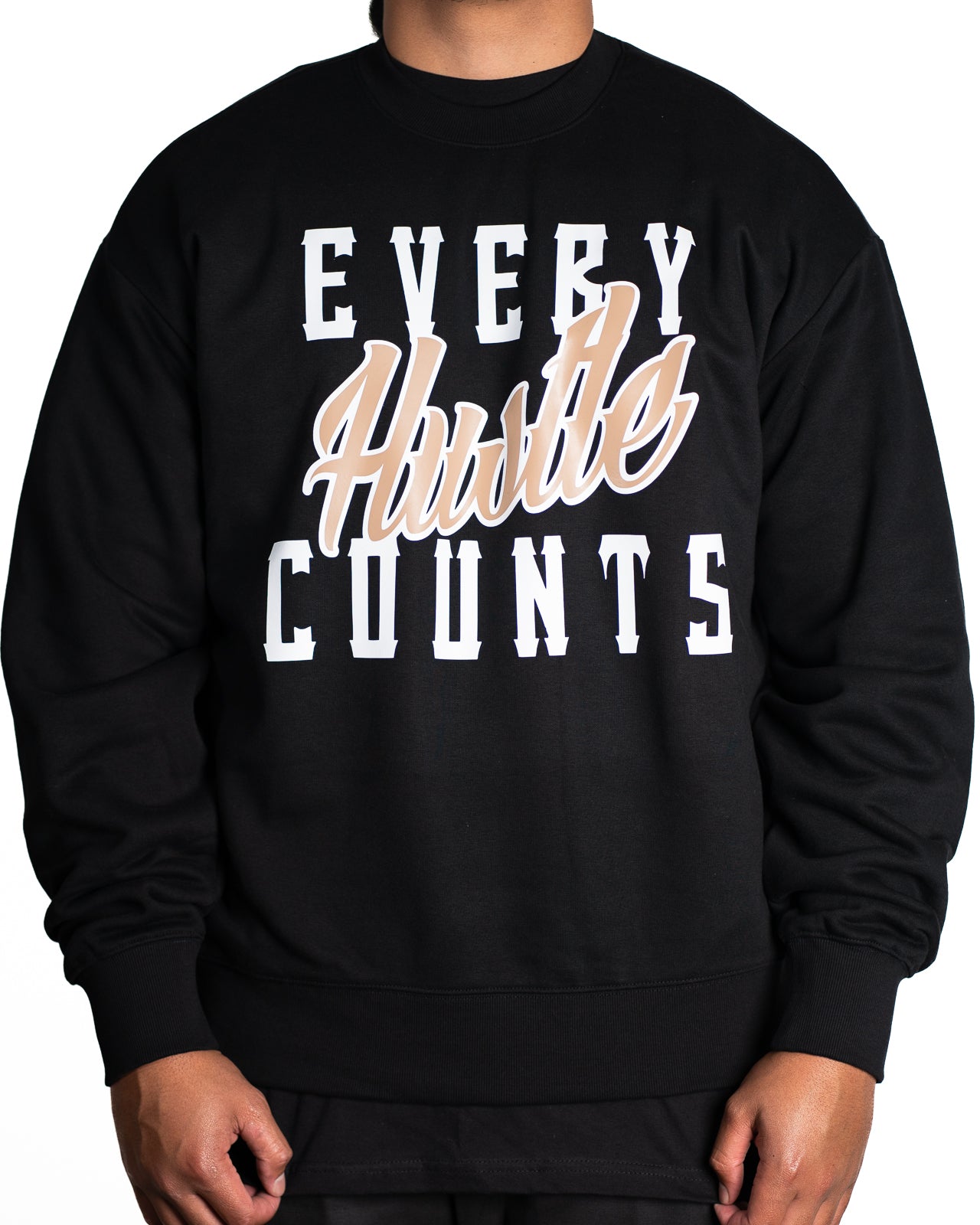 Every Hustle Counts Original EHC black crew neck, tan colourway chest print