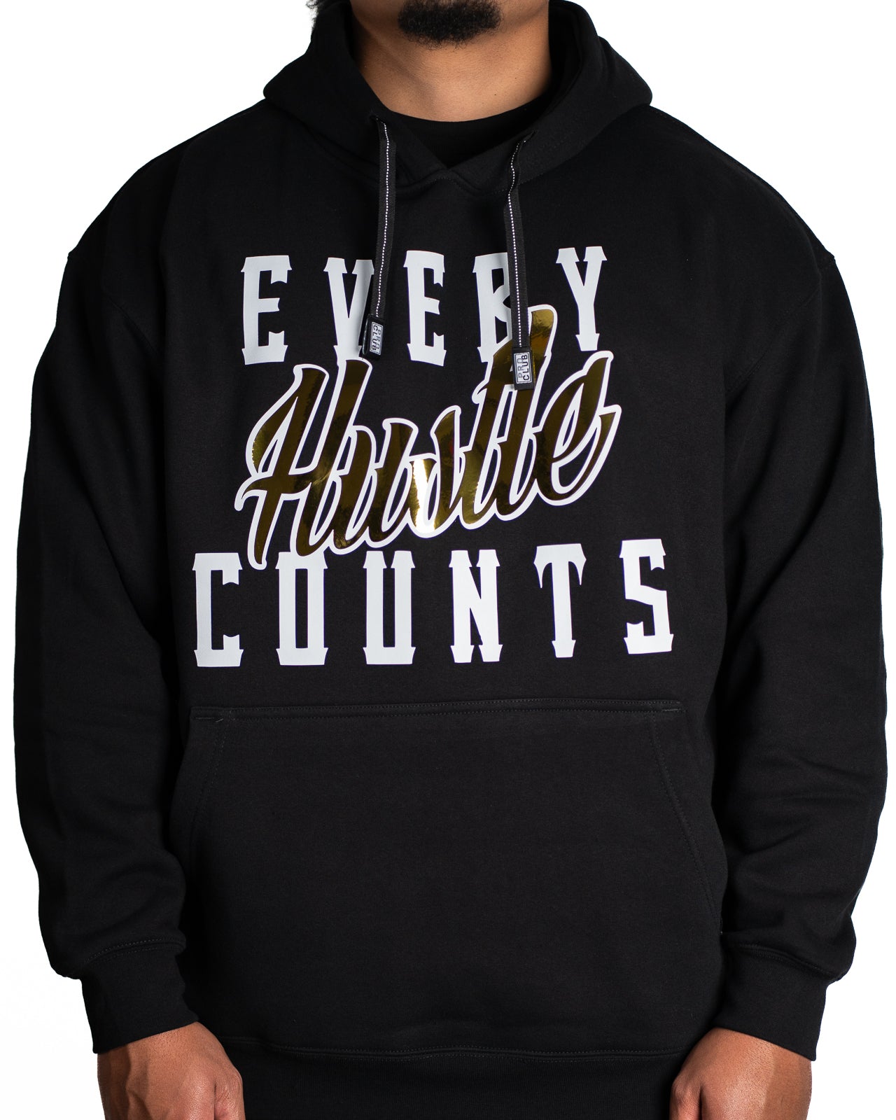 Every Hustle Counts Original EHC black hoodie with mirror gold script chest print