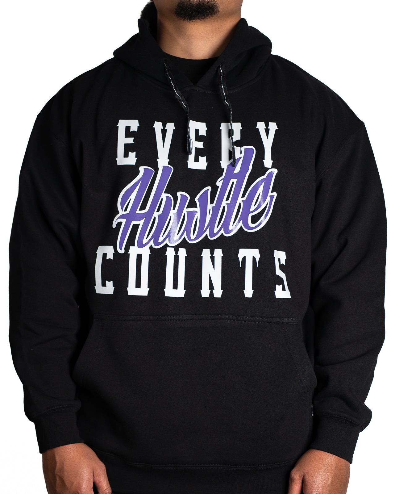 Every Hustle Counts Original EHC black hoodie with purple script chest print