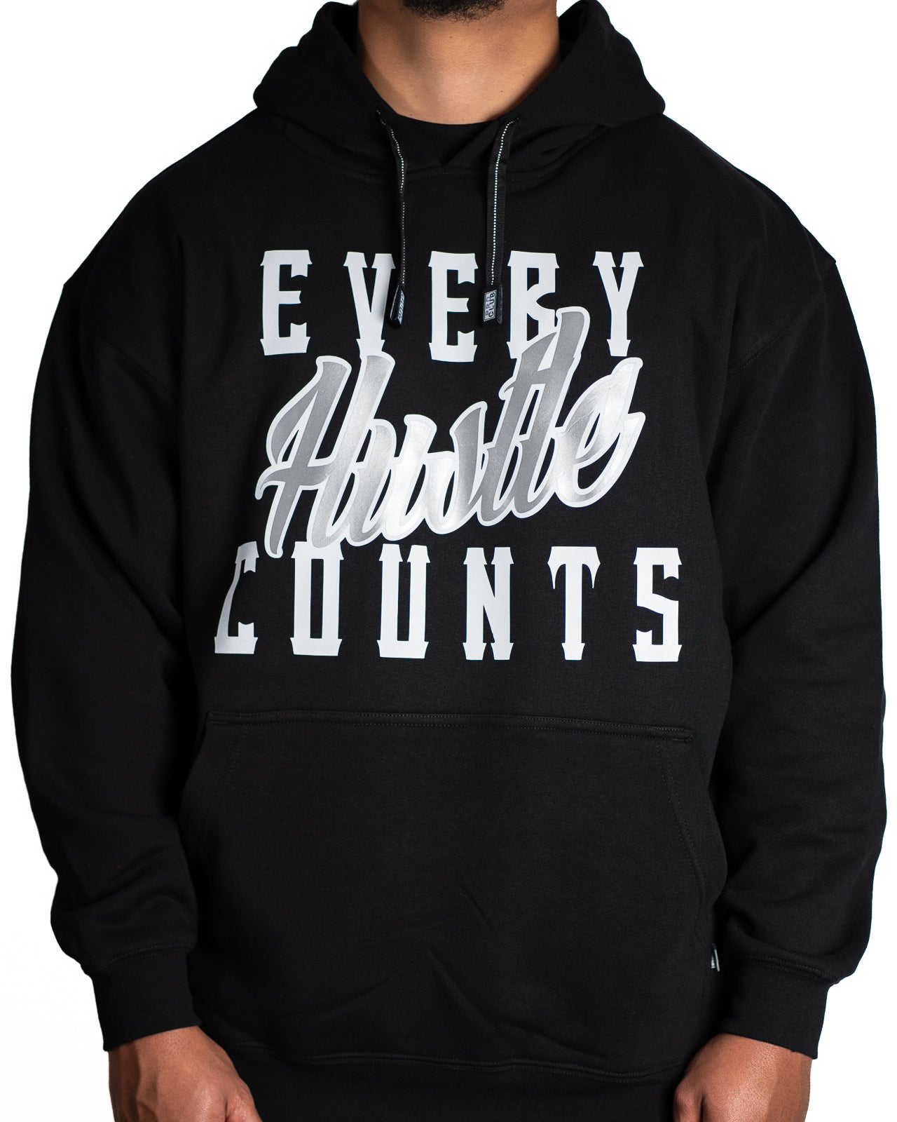 Every Hustle Counts Original EHC black hoodie with silver script chest print