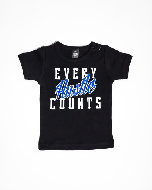 Every Hustle Counts black organic infant t-shirt with blue script chest print, flat lay