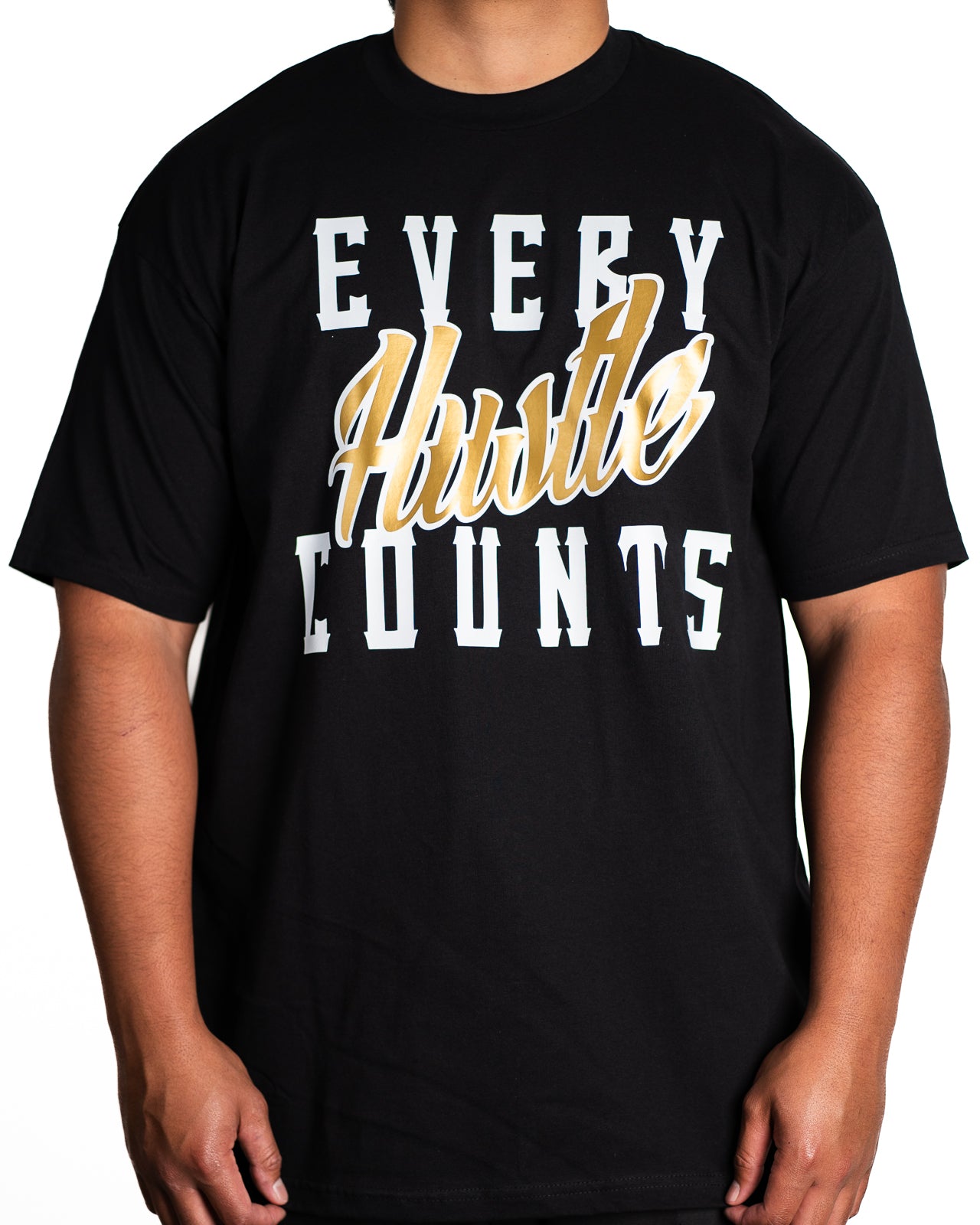Every Hustle Counts Original EHC black tee, gold colourway chest print