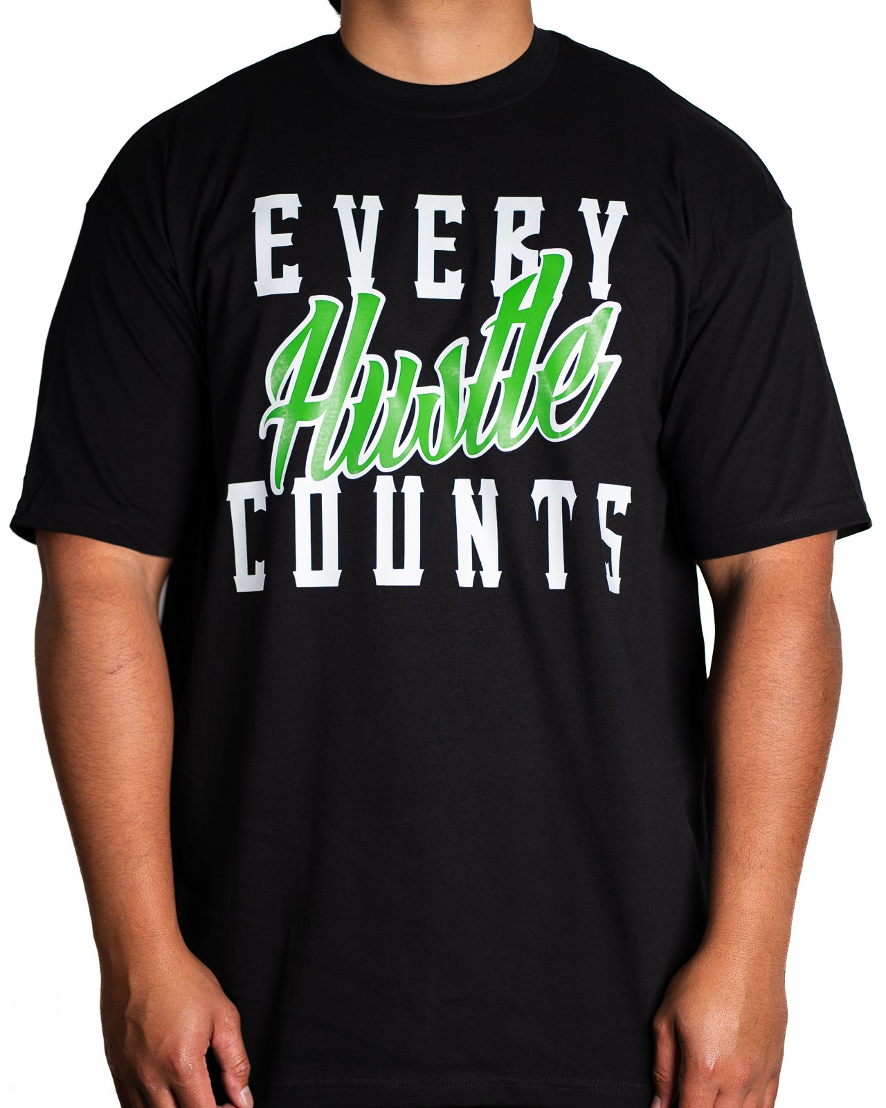 Every Hustle Counts Original EHC black tee, green colourway chest print