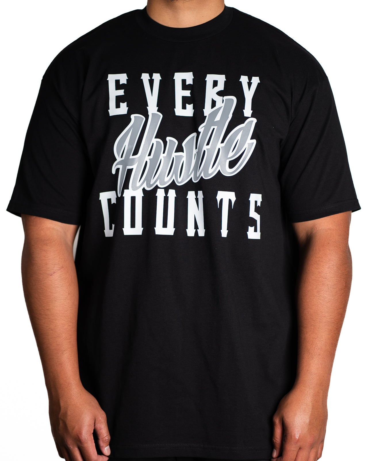 Every Hustle Counts Original EHC black tee, grey colourway chest print