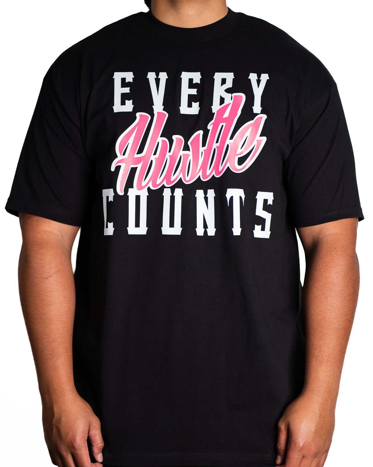 Every Hustle Counts Original EHC black tee, hot pink colourway chest print