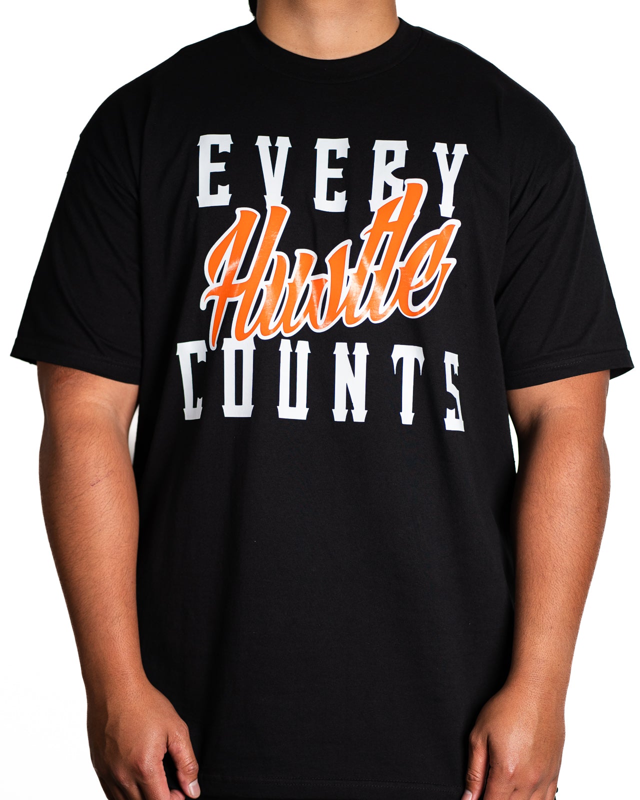 Every Hustle Counts Original EHC black tee, orange colourway chest print