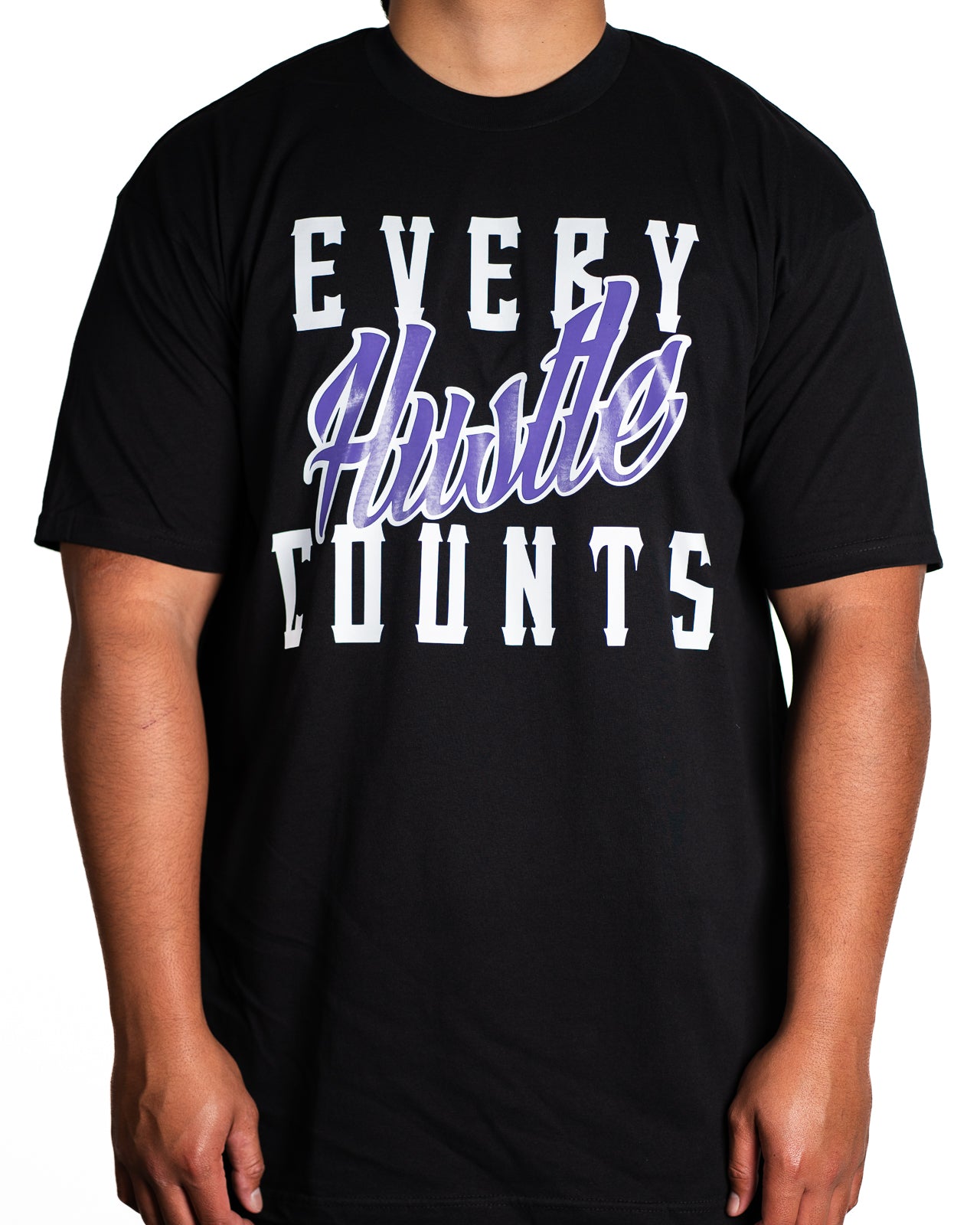 Every Hustle Counts Original EHC black tee, purple colourway chest print