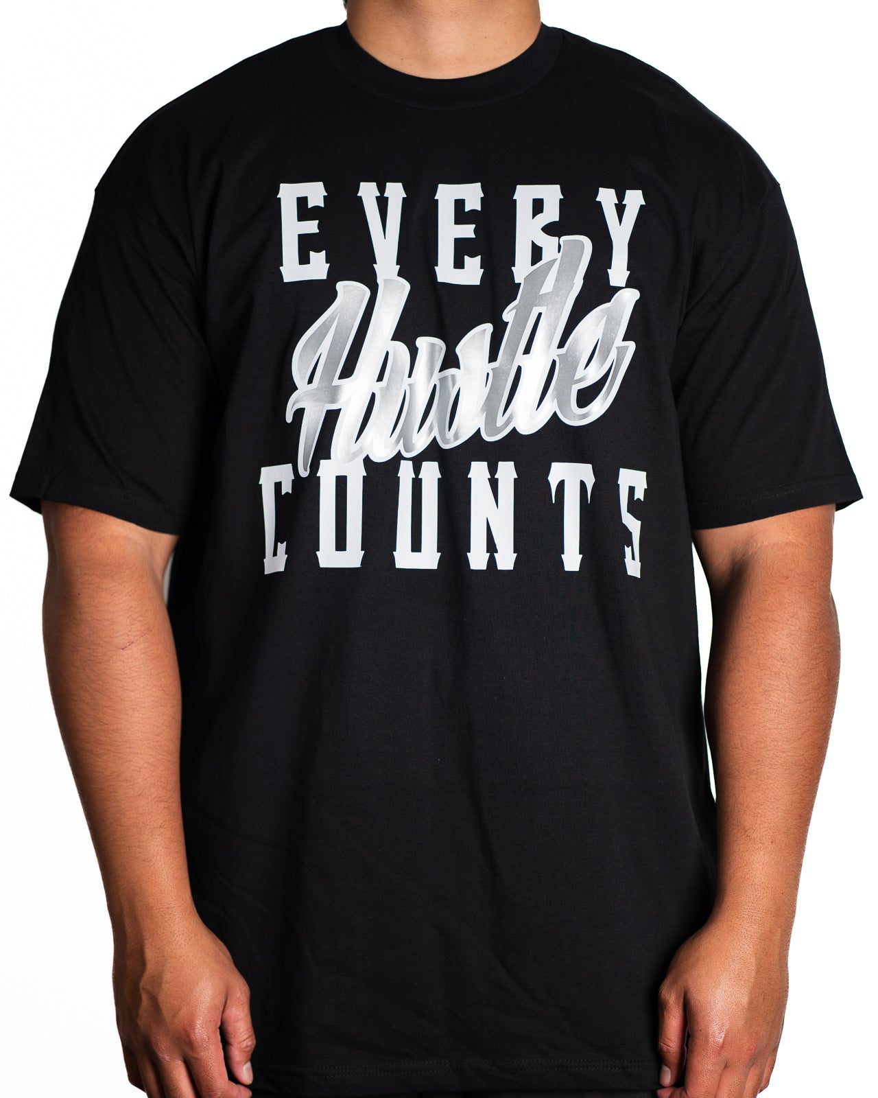 Every Hustle Counts Original EHC black tee, silver colourway chest print