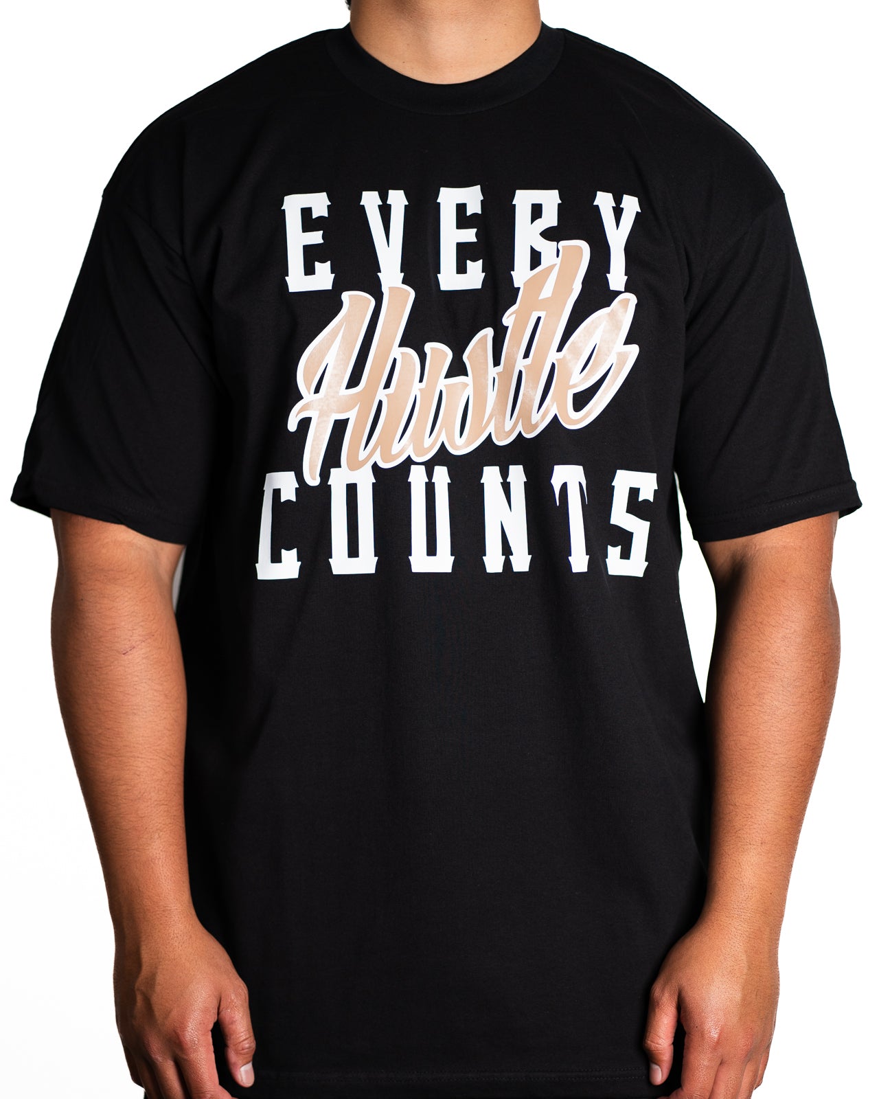 Every Hustle Counts Original EHC black tee, tan colourway chest print