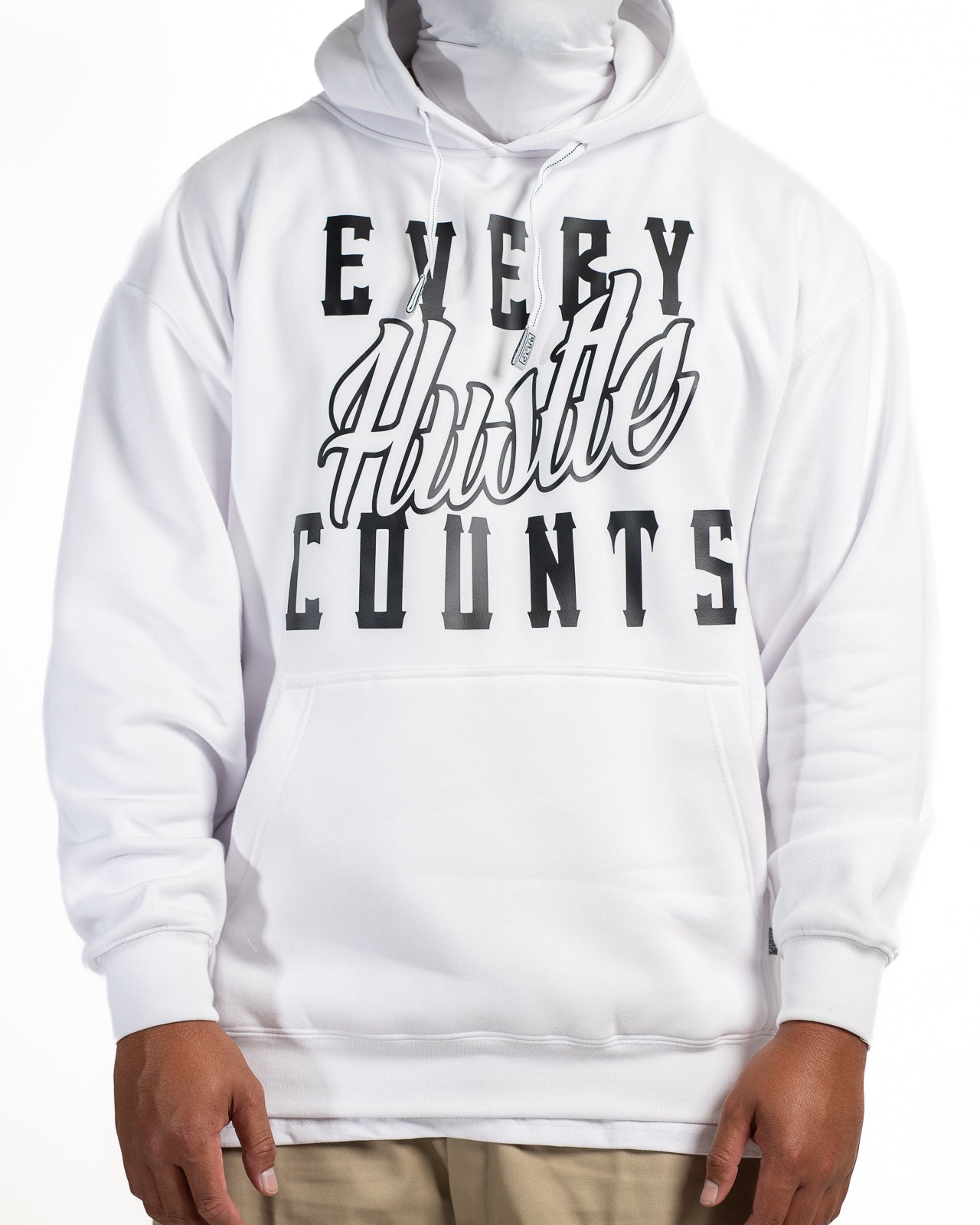 Every Hustle Counts White OG EHC white hoodie with black and grey script chest print