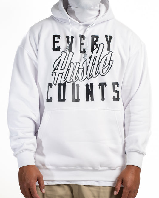 Every Hustle Counts White OG EHC white hoodie with black and grey script chest print