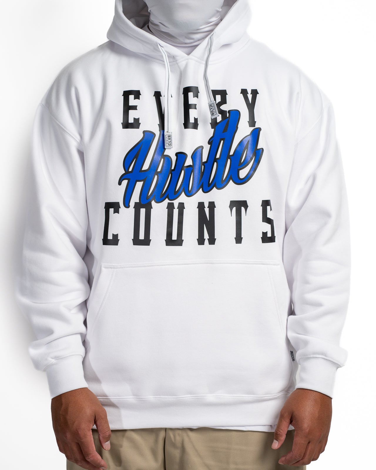 Every Hustle Counts White OG EHC white hoodie with blue script chest print