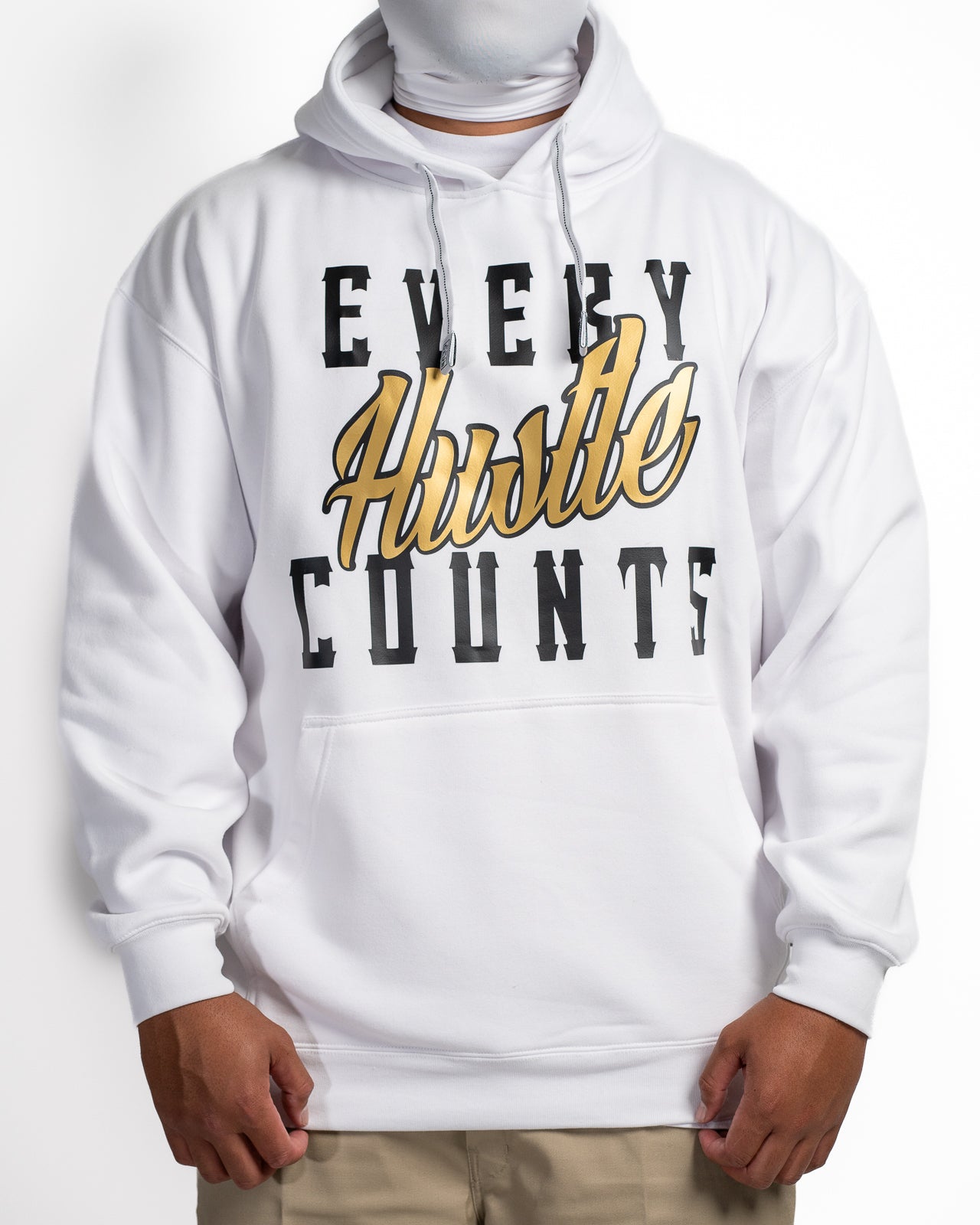 Every Hustle Counts White OG EHC white hoodie with gold script chest print