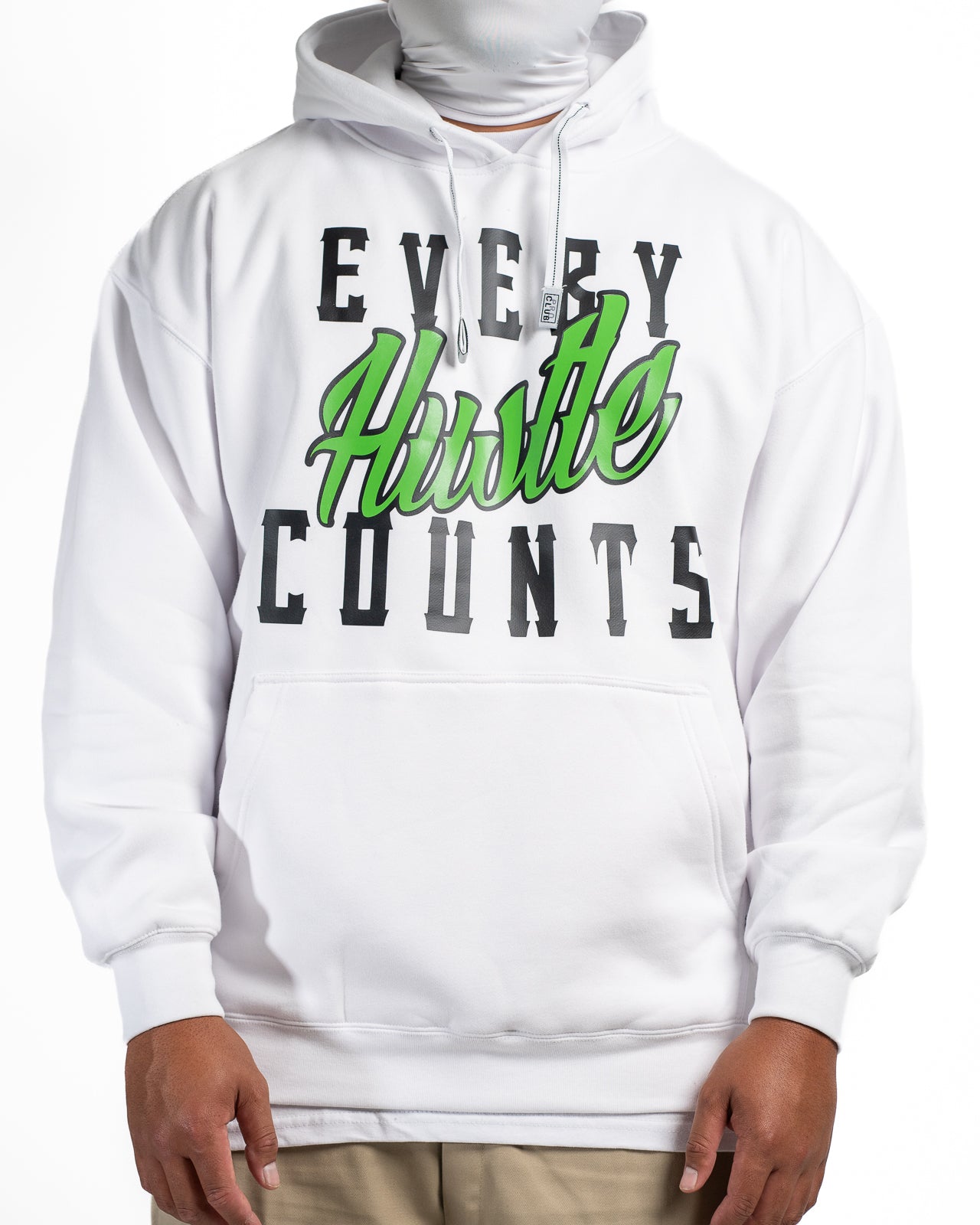 Every Hustle Counts White OG EHC white hoodie with green script chest print
