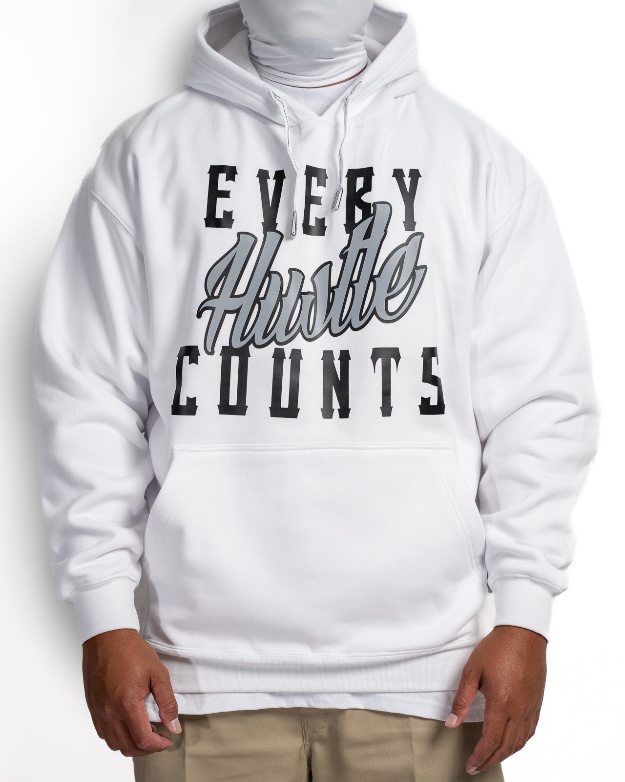 Every Hustle Counts White OG EHC white hoodie with grey script chest print