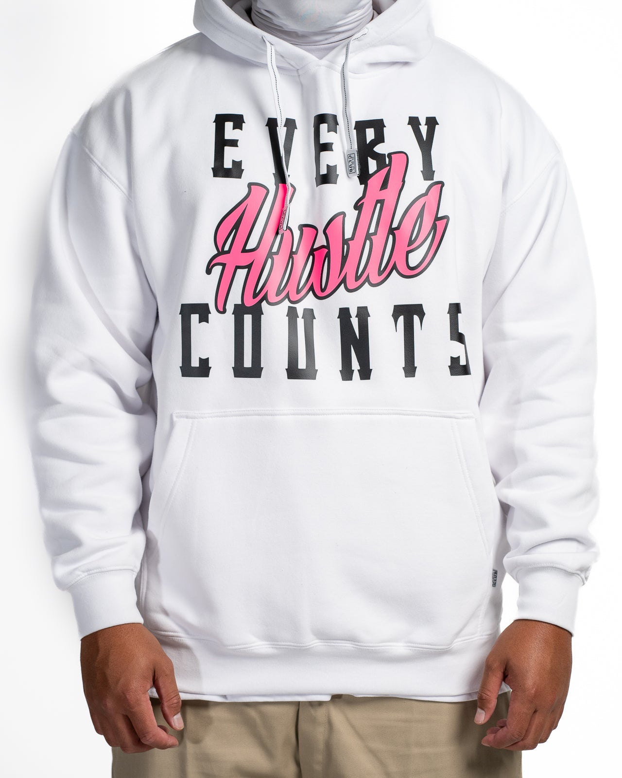 Every Hustle Counts White OG EHC white hoodie with hot pink script chest print